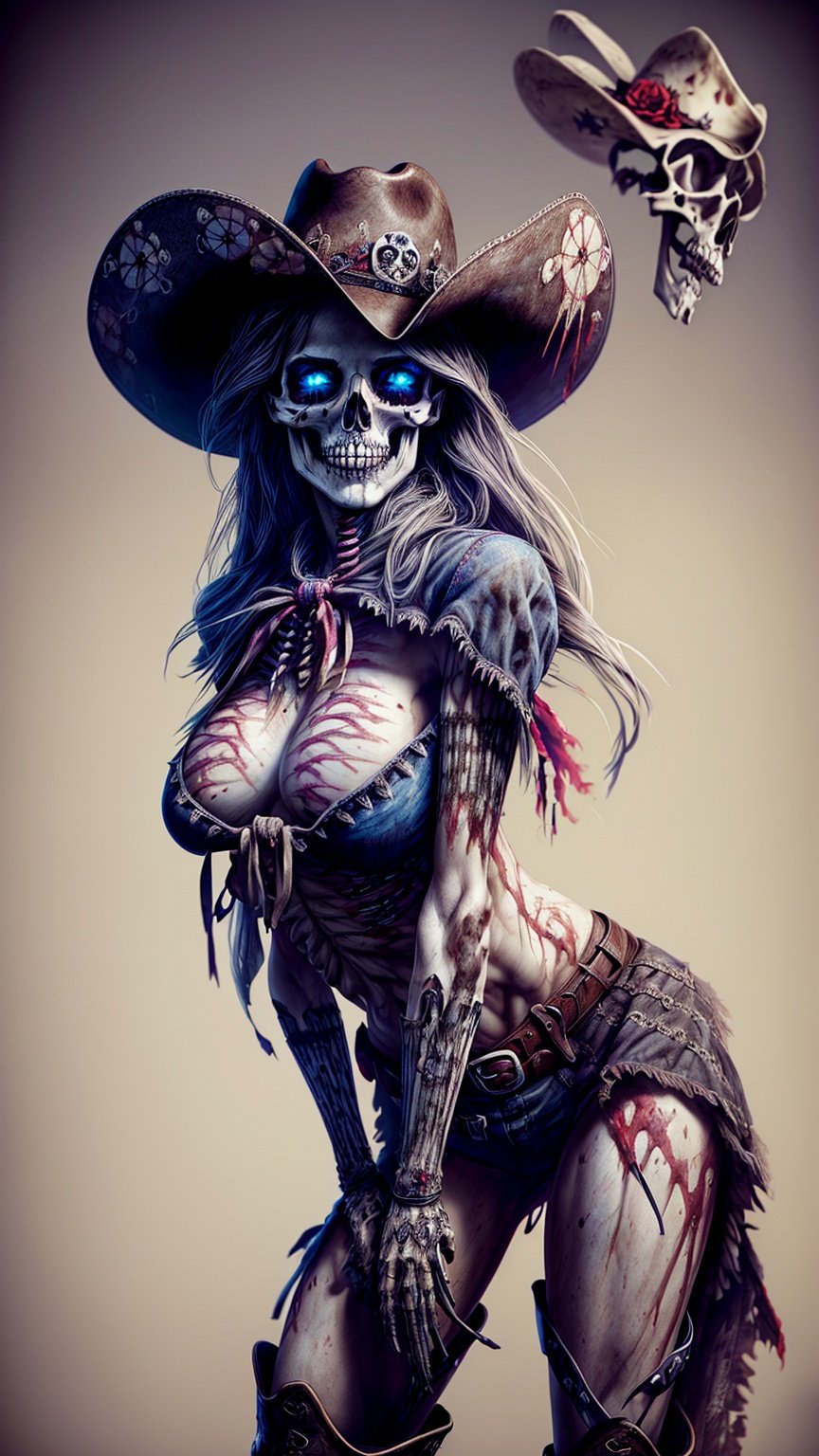 beautiful dead cowgirl, skull, torn clothing, missing 1 boot, bloody cowgirl hat, octane render, Unreal engine 5.1, realistic, photo quality, skeleton,(delightful anatomy:1), (perfect art, 64k ultra hd:1.1),(gloomy illumination, insane, stunning, dramatic, completed artwork, HQ:1.1), (Apterus anatomy, Dan mumford style:1.2),(fantastic amazing decoration:1.2) <lora:more_details:0.8>