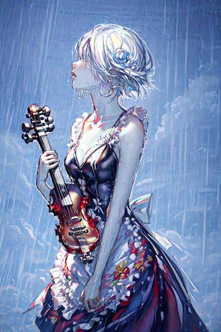 masterpiece, best quality, 1girl,dress,rain,violin,cloud <lora:StarryShade:1>