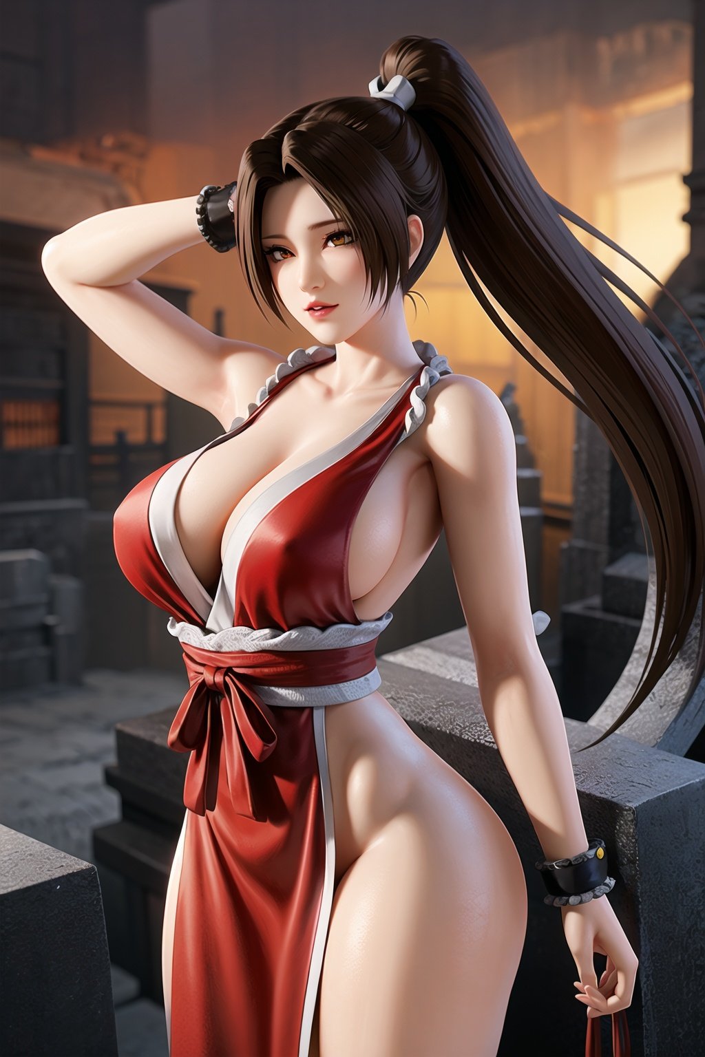 vivid illumination, enchanting elegance, atmospheric depth, masterful technique, naturalistic representations, harmonious composition, creative refinement, striking,sfw, juxtapositions,evocative hues, captivating coloration, dramatic lighting,1girl,solo,funeral home,outdoor,Adaptability,graveyard, misty, sombre, red Ninja uniform, mai shiranui, , <lora:EMS-717-EMS:0.6>