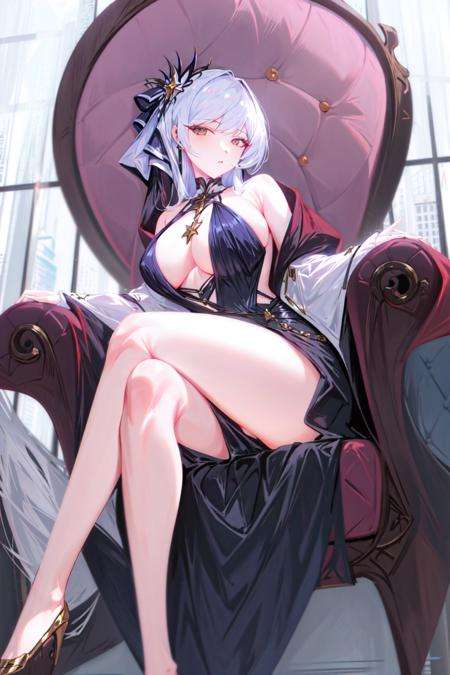 masterpiece, best quality, 1girl,   <lora:SeY-000010:1>,dress,looking at viewer, white hair,chair,crossed legs, 