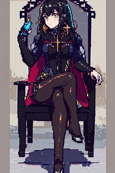 masterpiece, best quality,1girl,pixel art,  <lora:Pix:1> <lora:Qu:0.6>,dress,black hair, cape,jewelry, medium breasts, chair,long legs, crossed legs, 