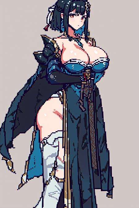 masterpiece, best quality,1girl,pixel art,  <lora:Pix:1> <lora:Hanying:0.6>,dress,black hair, cape,jewelry, large breasts, 