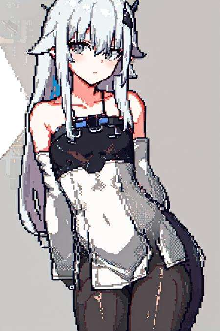 masterpiece, best quality,pixel art,  <lora:Pix:1> 1girl,bangs, bare_shoulders, black_legwear, closed_mouth, collarbone, dress, eyebrows_visible_through_hair, grey_eyes, hair_ornament, long_hair, looking_at_viewer, pantyhose, silver_hair, <lora:21:0.6>