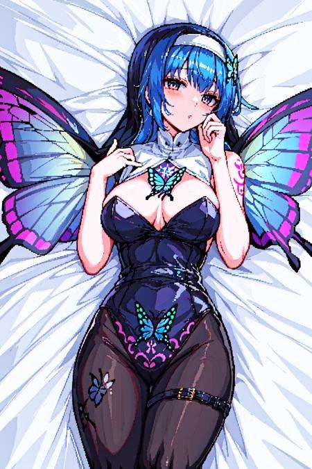 masterpiece, best quality,pixel art,  <lora:Pix:1>,1girl, <lora:Cnoun:0.6>nun,butterfly wings, pantyhose, tattoo,butterfly print, blue hair,lying