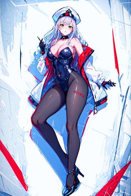 masterpiece, best quality, 1girl,english text, vivo50,lying,, clothes_writing,,1girl,  breasts, cleavage, covered_navel, eyebrows_visible_through_hair, gloves, green_eyes, hat, high_heels, jacket, leotard, long_hair, looking_at_viewer, off_shoulder, open_clothes, pantyhose, shoes, silver_hair, solo,<lora:Finer-000010:0.6>, <lora:Healing:1>