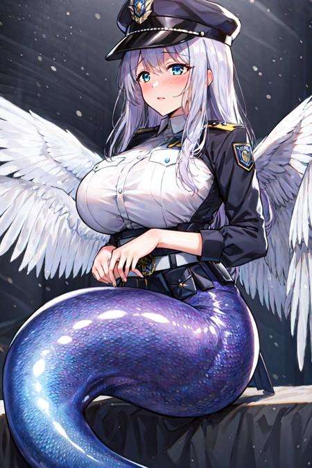 masterpiece,best quality,  1girl,mermaid,  <lora:Mermaid:0.6>,wings,white background, police uniform, police hat,  <lora:Shinyskin:0.6>