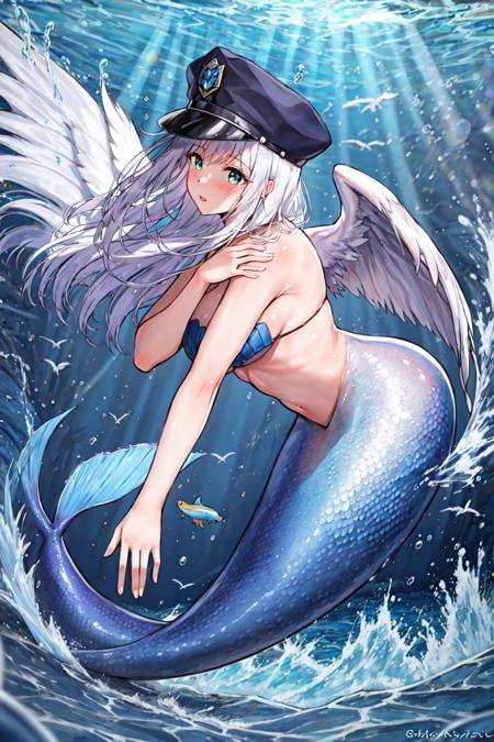 masterpiece,best quality,  1girl,mermaid,  <lora:Mermaid:0.6>,wings,white background, police uniform, police hat,  <lora:Shinyskin:0.6>,from side,undersea,water,wave,fish