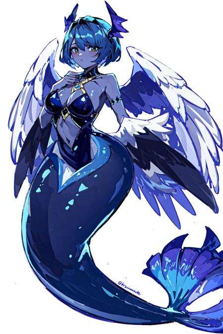 masterpiece, best quality, 1girl, looking at viewer,<lora:SeP-000012:0.8>,mermaid,  <lora:Mermaid:0.6> black_skin,feathered wings, white wings