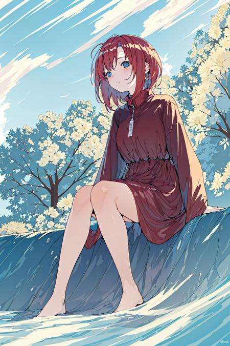 masterpiece, best quality, 1girl,  <lora:Flat-000012:1>,dress,sitting,red hair