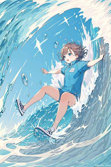 masterpiece, best quality, 1girl,  <lora:Flat-000012:1>,water,wave