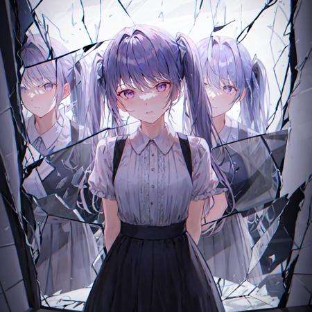 masterpiece, best quality,glass, broken glass, glowing,multiple girls,  <lora:Glass-000010:1>,arms behind back, 