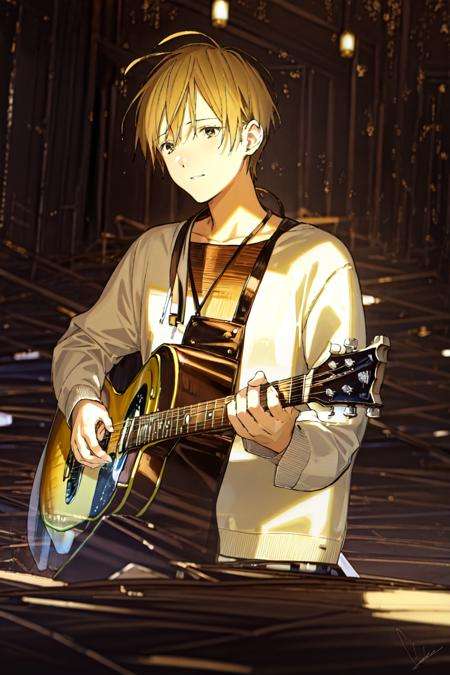 masterpiece, best quality, 1boy, <lora:NiceLight:1>,playing guitar