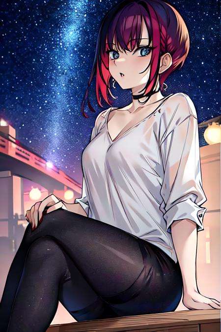 masterpiece,best quality,girl,multicolored hair, short hairred hair,comic, <lora:Yuu:0.6>,starry,night,stars,sitting