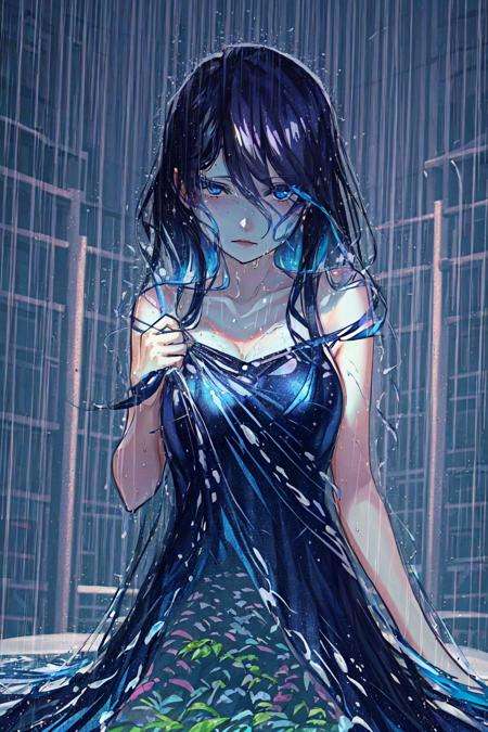 masterpiece, best quality, 1girl,starry,night,  <lora:Starry-000012:1>,sky,plants,blue eyes,dress,water,rain