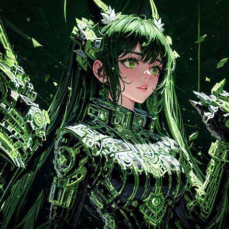 masterpiece, best quality,  <lora:Mecha:1>,,1girl,green theme