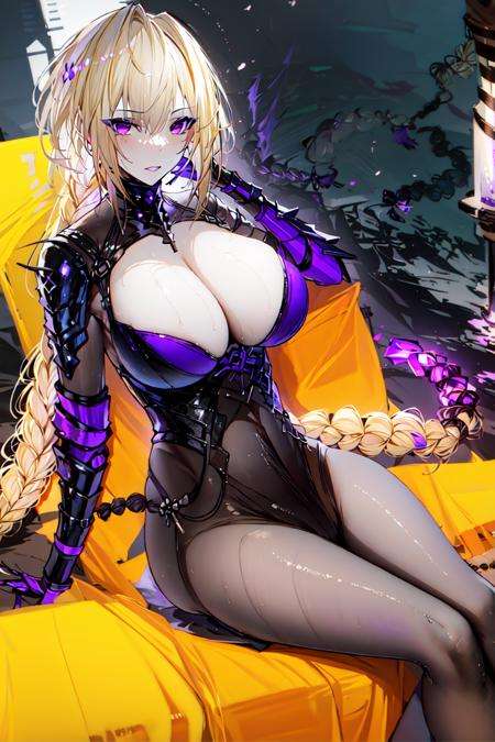 masterpiece,best quality,  1girl, <lora:AGM:1>,mature female,armor, black pantyhose,blonde_hair, braid, braided_ponytail, breasts, cleavage, blonde hair,gauntlets, large_breasts, long_hair, looking_at_viewer, purple_eyes, single_braid, solo, very_long_hair, purple eyeshadow <lora:Bianka:0.6>