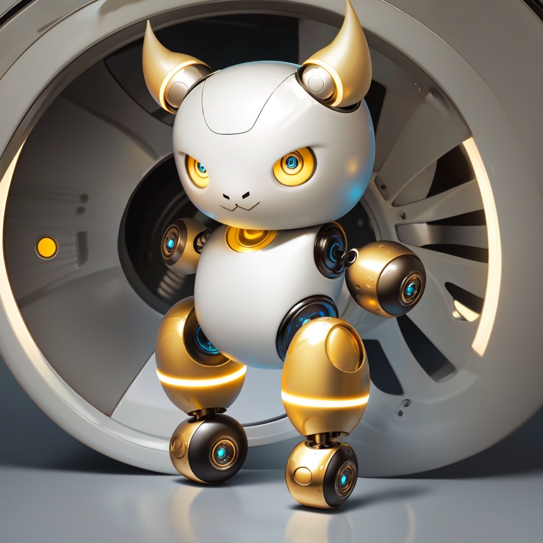 masterpiece,best quality,humanoid robot,no humans,pokemon \(creature\),glowing,solo,simple background,yellow eyes,full body,glowing eyes,light bulb,robot,non-humanoid robot,wheel,alternate color,looking at viewer,tire,