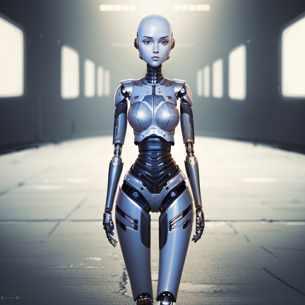 masterpiece,best quality,humanoid robot,1girl,joints,solo,robot joints,android,science fiction,breasts,shiny,robot,cyberpunk,mechanical parts,bald,medium breasts,realistic,colored skin,standing,no humans,looking to the side,shiny skin,