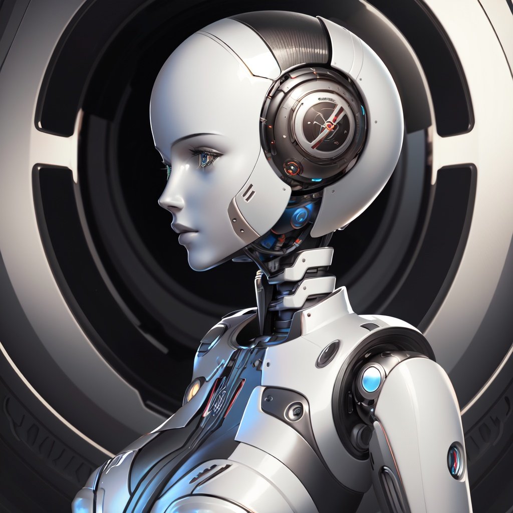 masterpiece,best quality,humanoid robot,1girl,joints,solo,robot joints,android,science fiction,breasts,shiny,robot,cyberpunk,mechanical parts,bald,medium breasts,realistic,colored skin,standing,no humans,looking to the side,shiny skin,