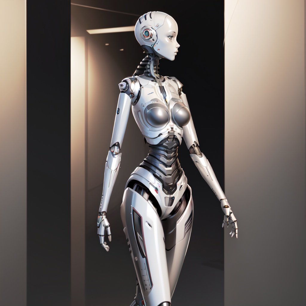 masterpiece,best quality,humanoid robot,1girl,joints,solo,robot joints,android,science fiction,breasts,shiny,robot,cyberpunk,mechanical parts,bald,medium breasts,realistic,colored skin,standing,no humans,looking to the side,shiny skin,