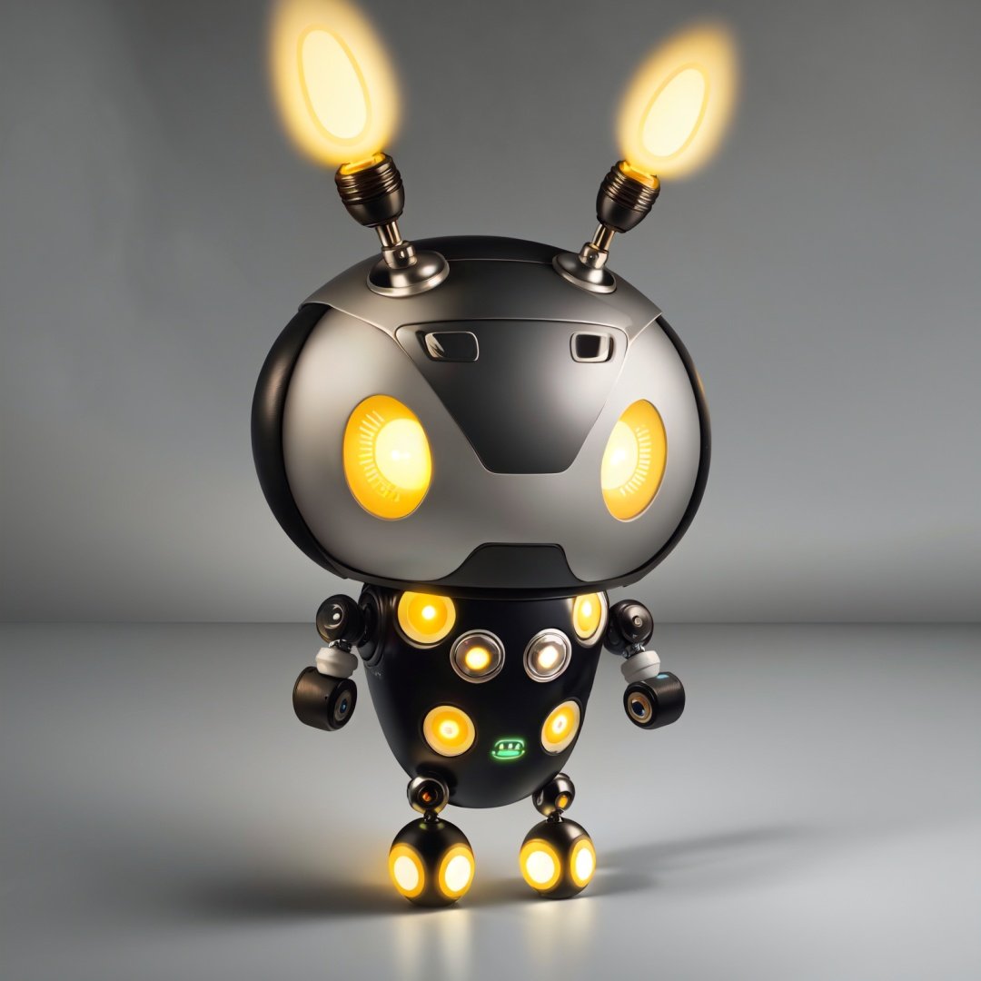 masterpiece,best quality,humanoid robot,no humans,pokemon \(creature\),glowing,solo,simple background,yellow eyes,full body,glowing eyes,light bulb,robot,non-humanoid robot,wheel,alternate color,looking at viewer,tire,