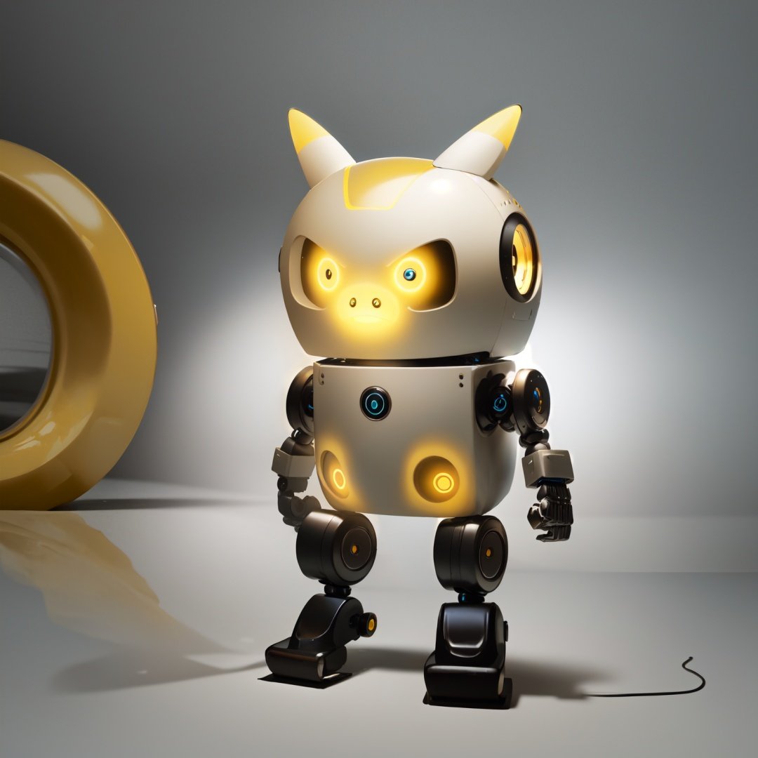 masterpiece,best quality,humanoid robot,no humans,pokemon \(creature\),glowing,solo,simple background,yellow eyes,full body,glowing eyes,light bulb,robot,non-humanoid robot,wheel,alternate color,looking at viewer,tire,