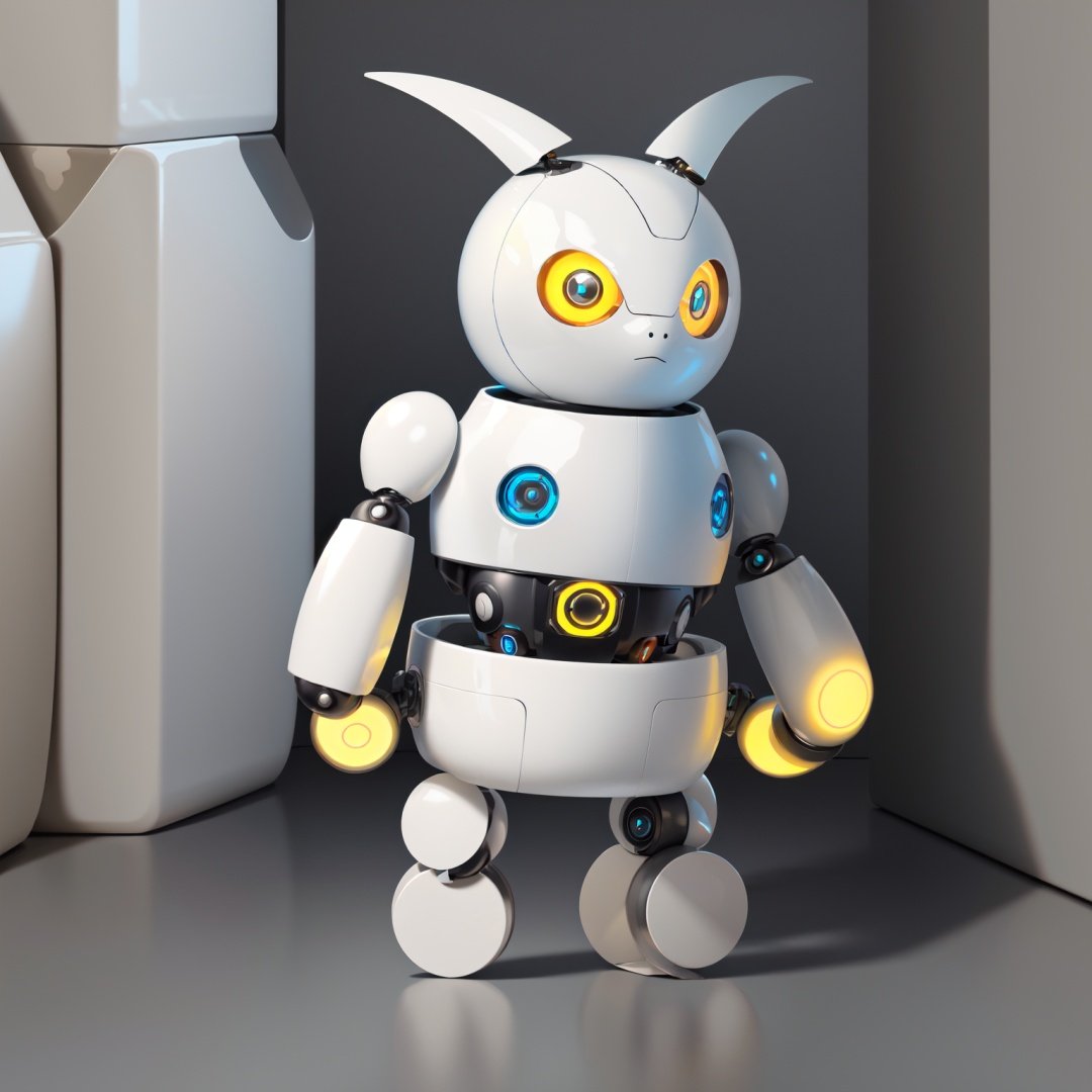 masterpiece,best quality,humanoid robot,no humans,pokemon \(creature\),glowing,solo,simple background,yellow eyes,full body,glowing eyes,light bulb,robot,non-humanoid robot,wheel,alternate color,looking at viewer,tire,