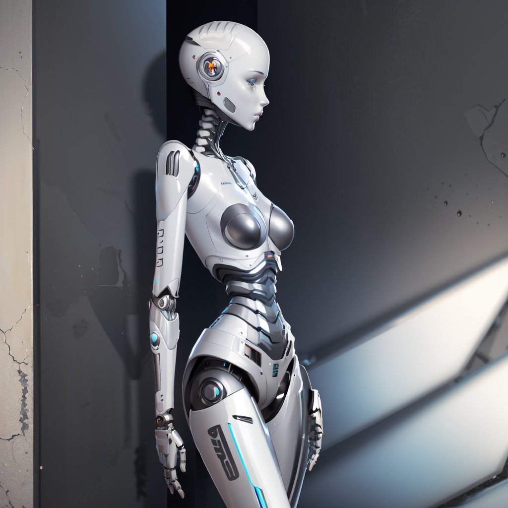 masterpiece,best quality,humanoid robot,1girl,joints,solo,robot joints,android,science fiction,breasts,shiny,robot,cyberpunk,mechanical parts,bald,medium breasts,realistic,colored skin,standing,no humans,looking to the side,shiny skin,