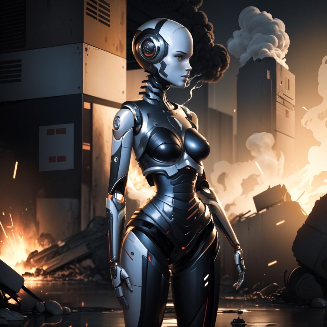 masterpiece,best quality,humanoid robot,1girl,joints,solo,robot joints,android,science fiction,breasts,shiny,robot,cyberpunk,mechanical parts,bald,medium breasts,realistic,colored skin,standing,no humans,black background,looking to the side,shiny skin,(☢:1.3),(smoke:1.2),(combat,wrecked tank:1.4),(in ruins,in town),(outdoor,sky),(sparks:1.3),(wartime:1.2),