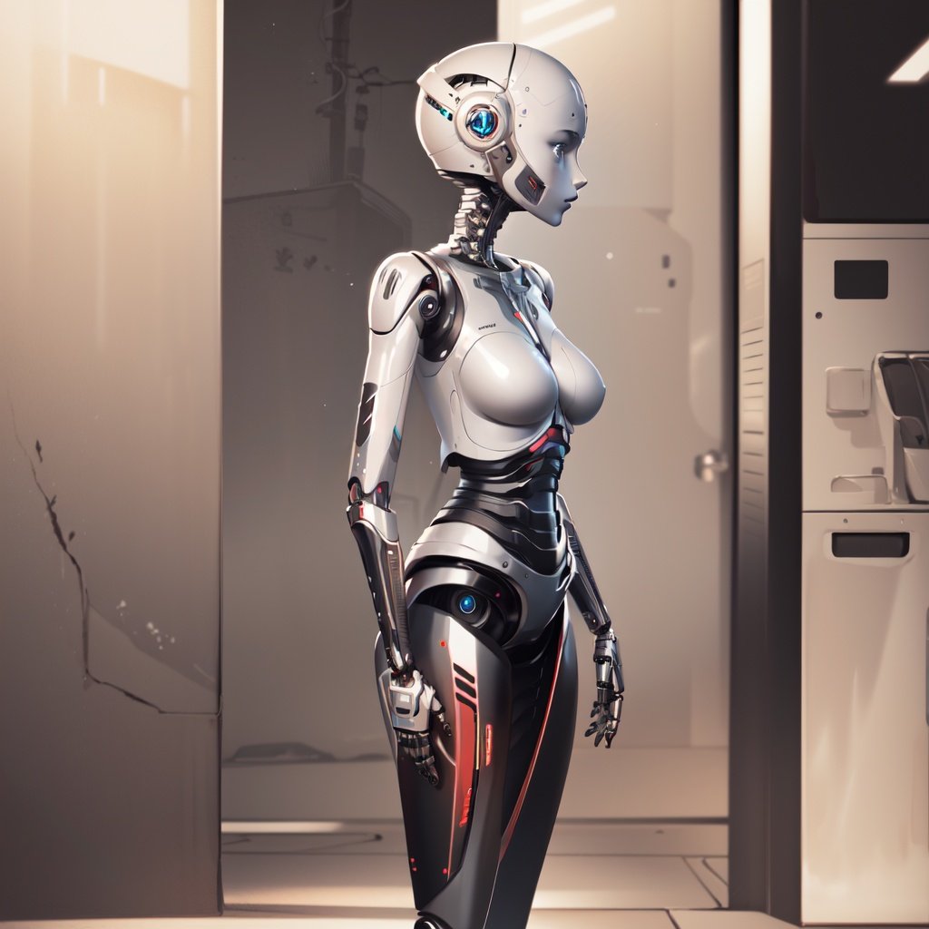 masterpiece,best quality,humanoid robot,1girl,joints,solo,robot joints,android,science fiction,breasts,shiny,robot,cyberpunk,mechanical parts,bald,medium breasts,realistic,colored skin,standing,no humans,looking to the side,shiny skin,