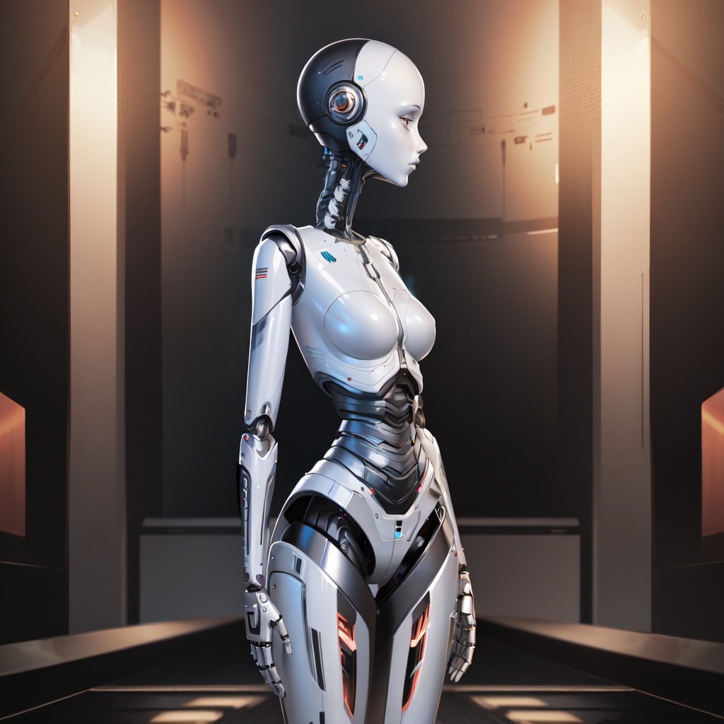 masterpiece,best quality,humanoid robot,1girl,joints,solo,robot joints,android,science fiction,breasts,shiny,robot,cyberpunk,mechanical parts,bald,medium breasts,realistic,colored skin,standing,no humans,looking to the side,shiny skin,