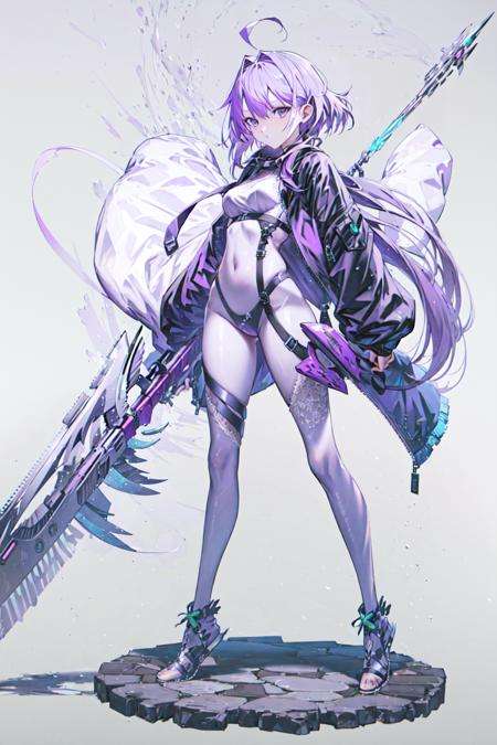 masterpiece, best quality, 1girl,<lora:White-000012:1>,looking at viewer,full body, purple hair, holding weapon, 