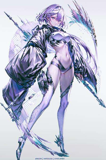 masterpiece, best quality, 1girl,<lora:White-000012:1>,looking at viewer,full body, purple hair, holding weapon, 