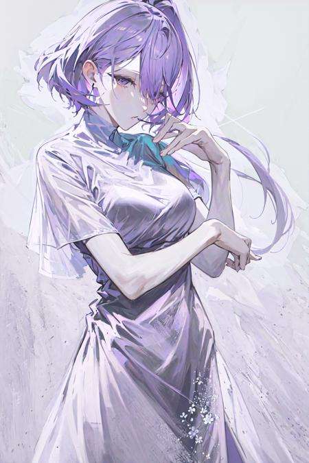 masterpiece, best quality,  <lora:White:1>,purple hair,dress