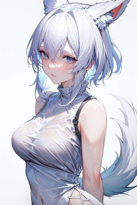 masterpiece, best quality, 1girl, <lora:White-000012:0.6>, upper body,arms arms behind back, dress,animals,wolf,white hair