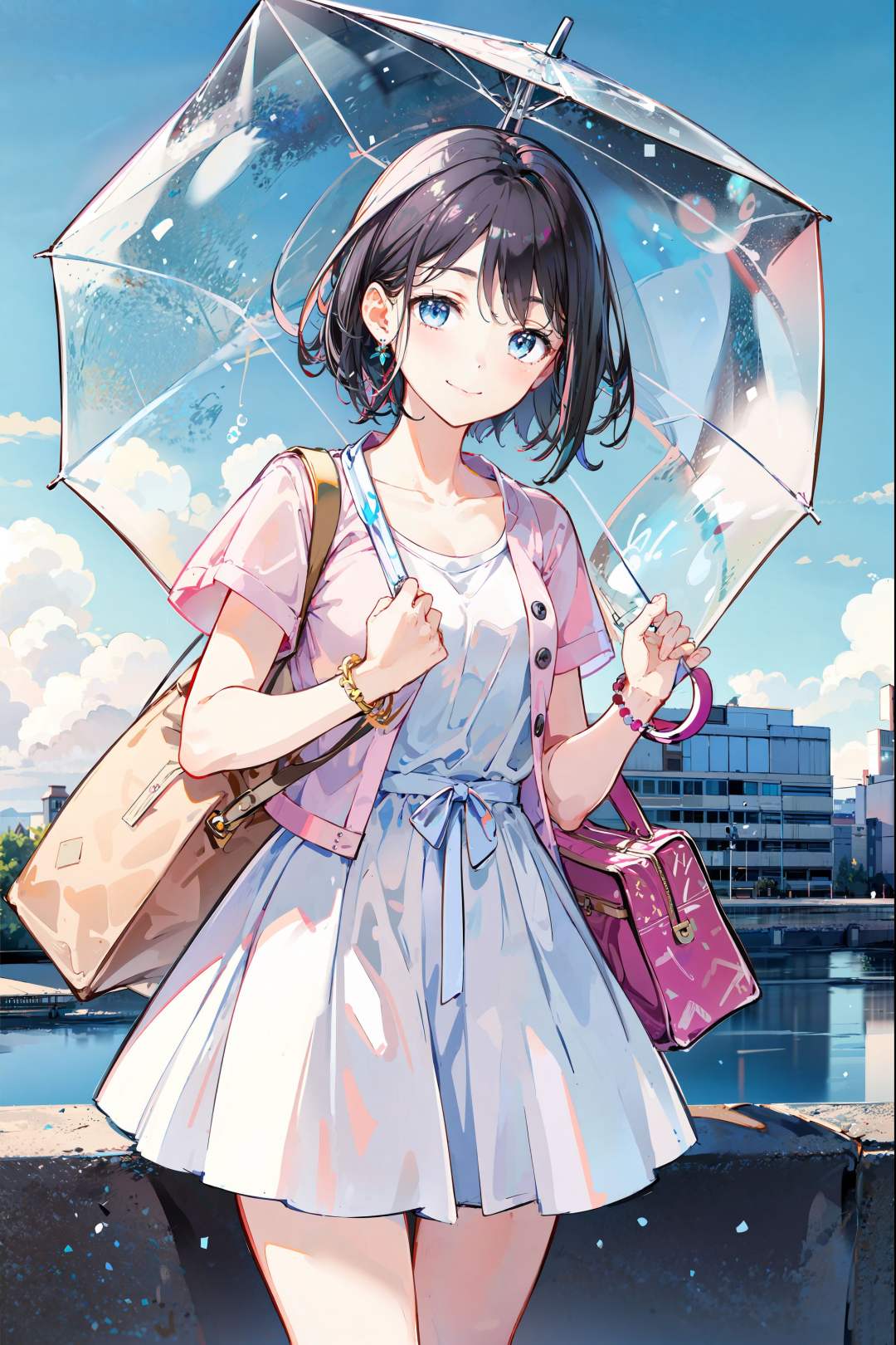 ,(Masterpiece:1.2, high quality), (pixiv:1.4),TIV,1girl, transparent, umbrella, skirt, sky, solo, holding, black hair, outdoors, bag, cloud, looking at viewer, shirt, short hair, holding umbrella, white skirt, bangs, transparent umbrella, railing, jewelry, short sleeves, closed mouth, blue eyes, teruterubouzu, jacket, blue sky, blurry, black shirt, standing, cloudy sky, smile, collarbone, blush, depth of field, day, open clothes, bracelet, pink jacket, bridge, cowboy shot <lora:TIV:0.8>