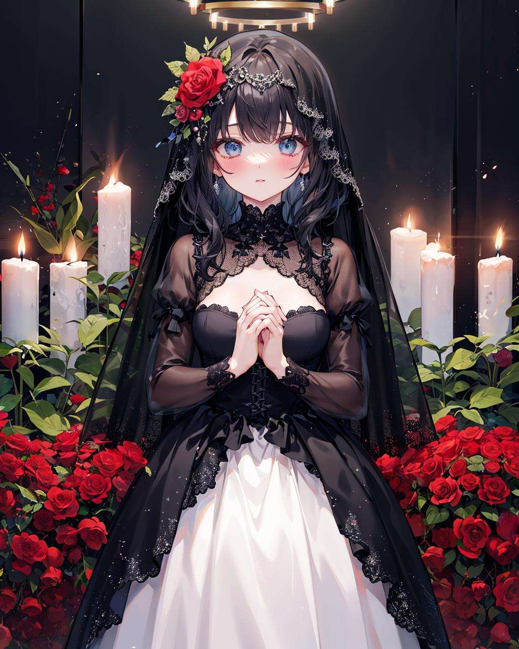1girl,solo,funeral dress, black veil, long sleeves,own hands together, black hair, veil, black dress, hair flower, hair ornament, looking at viewer, red flower, rose, long sleeves, red rose, bangs, halo, blush, breasts, own hands clasped, blue eyes, puffy sleeves, closed mouth, candle, juliet sleeves, parted lips, standing