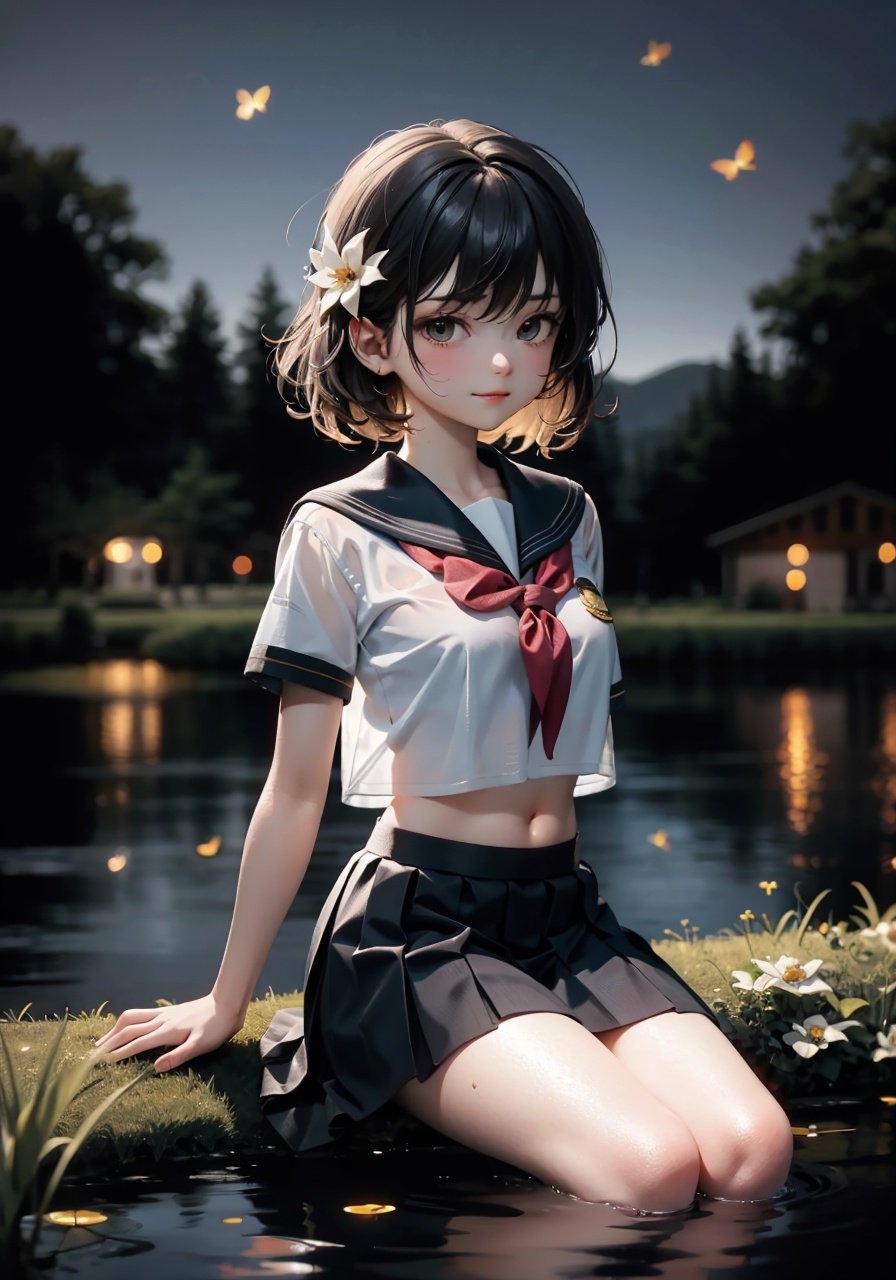 (masterpiece), (best quality),highly detailed,ultra-detailed,incredibly absurdres,solo,(1 girl),(loli),sitting, black eyes, smirk,small breast,Bare navel, black hair,(fine_thighs),(lower legs),white fourpetal flower hair ornament,(school uniform:1.2),frills,summer night,peaceful,sky,(crescent moon),Bright stars,wind,village,courtyard,((a lots of_flying fireflies)),((surrounded by beautiful detailed firefkies)),(nearby a pond:1.2),beautiful detailed water,tree,flower request,(lridescent light refraction:1.1),inverted image,beautiful detailed glow,Flying splashes, Flying petals,(shiny skin:1.2), (oil skin:1.2), (oil highlight:1.2),(fine hair texture:1.38), (shiny hair:1.18), (transparent:1.2), (see-through:1.2), [Red:0.69], [Orange:0.69], [Yellow:0.69], [Green:0.69], [Cyan:0.69], [Blue:0.69], [Purple:0.69], [Black:0.69], [White:0.69], [Golden:0.69],