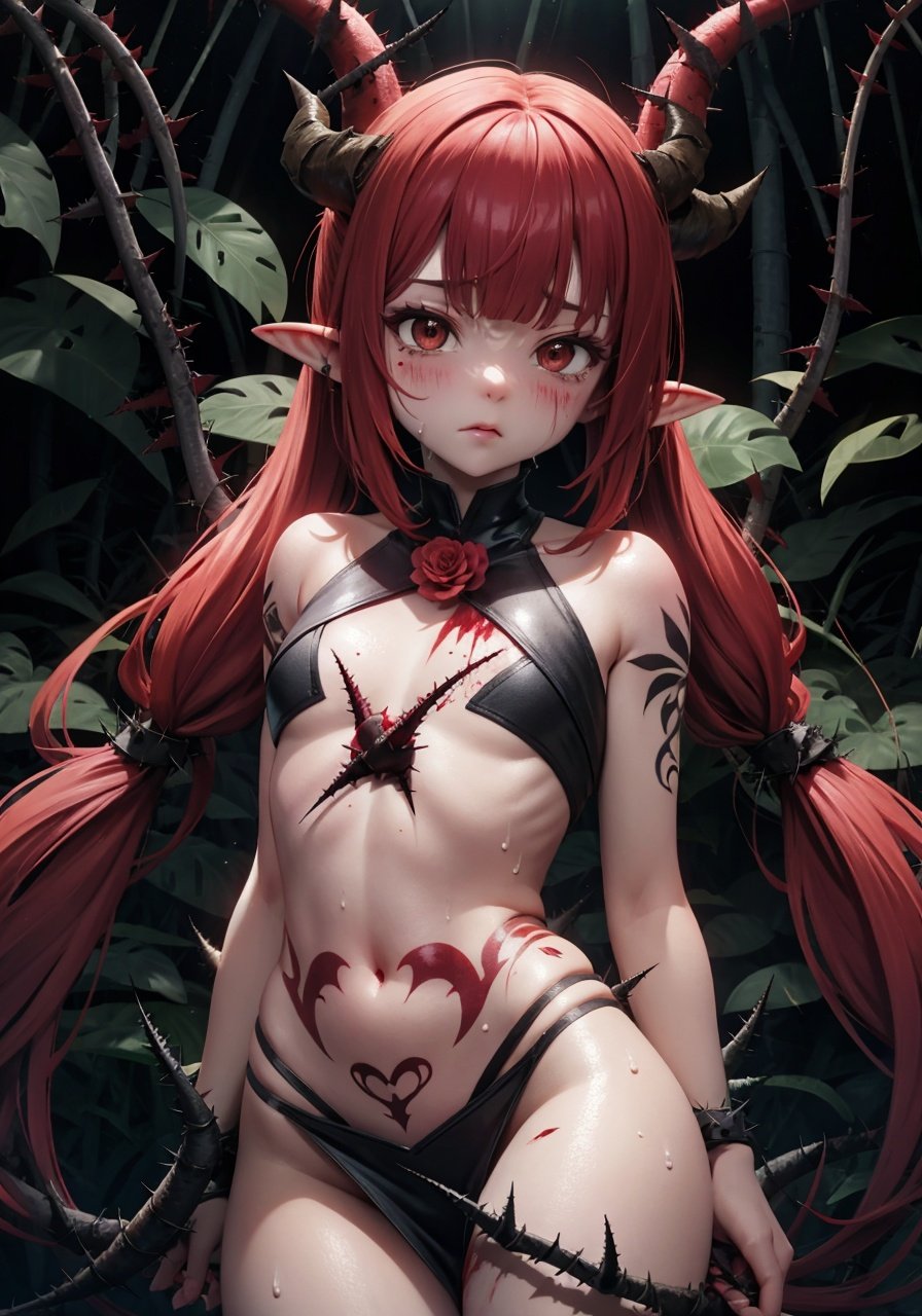 (detailed light), (an extremely delicate and beautiful), volume light, best shadow, flash, Depth of field, dynamic angle, [nsfw:0.8], Oily skin(lots of [red_chain:thorns:0.25] round the loli:1.3), (lots of thorns bound the loli:1.3), (cover up), (cowboy shot), (thorn_wrap_Chest:1.16)(solo:1.2), ((Ibuki Suika(touhou project):0.5)+(Mage(dungeon and fighter):0.5)),pointy ears,red hair,blunt bangs,low twintails, (Two long horns:1.2), (Surprise, sweat, pain), (half-naked:0.6), (Lots of blood and thorns on body:1.2)(Heart_tattoo on chest, lots of flower_tattoo and Vine_tattoo on arms and body), (Lewd stripe)Dark jungle background, tropical rainforest, brambles, (bushes, Holland point), tears, (lots of thorns bound the loli:1.3), Flowering vine