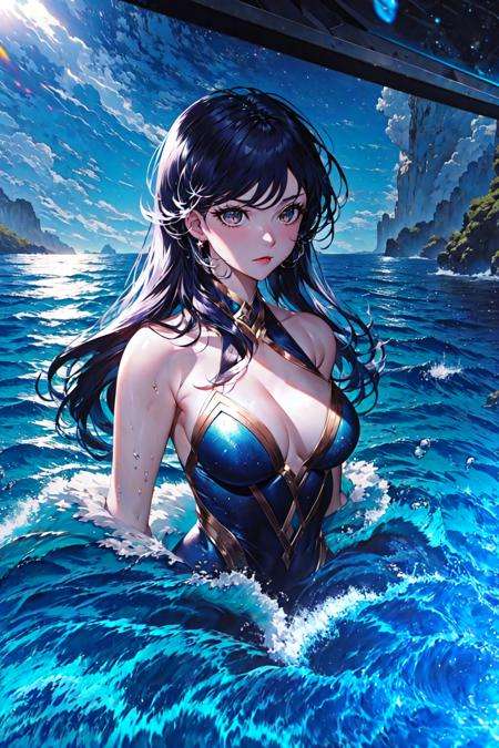 masterpiece, best quality, 1girl, <lora:PAL:1>,large breasts, eyelashes,shooting_star, sky, space, water, waves, upper body