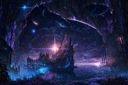 masterpiece, best quality, no_humans,((ruins)), <lora:RAL:0.6>,space,glowing,tanabata, tanzaku,city,milky_way,buildings,underwater,blood,earth \(planet\),  <lora:Earth:0.5>,purple_theme