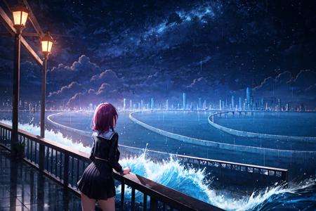 masterpiece, best quality,<lora:RAL-000010:0.5>,1girl,,ruins,wave,rain,starry sky, night,city,citylights