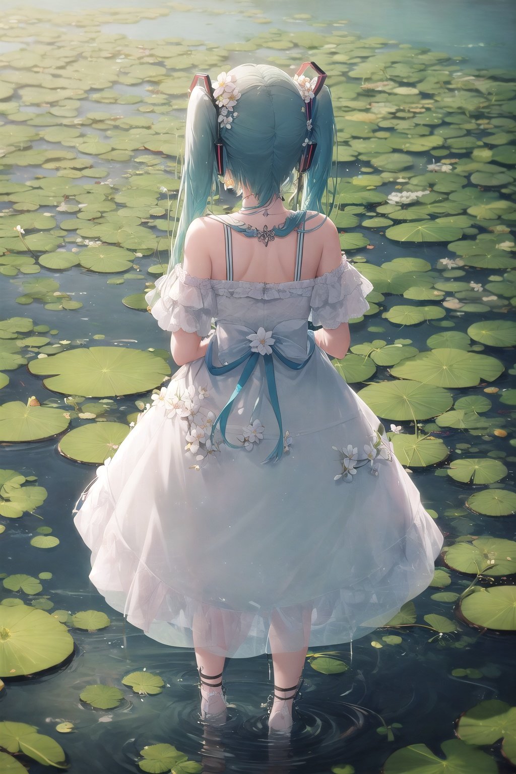 kahuka1, 1girl, hatsune miku, solo, dress, flower, long hair, white dress, twintails, very long hair, holding, white flower, water, wading, closed eyes, bare shoulders, off-shoulder dress, holding flower, off shoulder, aqua hair, standing, from behind, lily pad<lora:kahuka-pynoise:1>