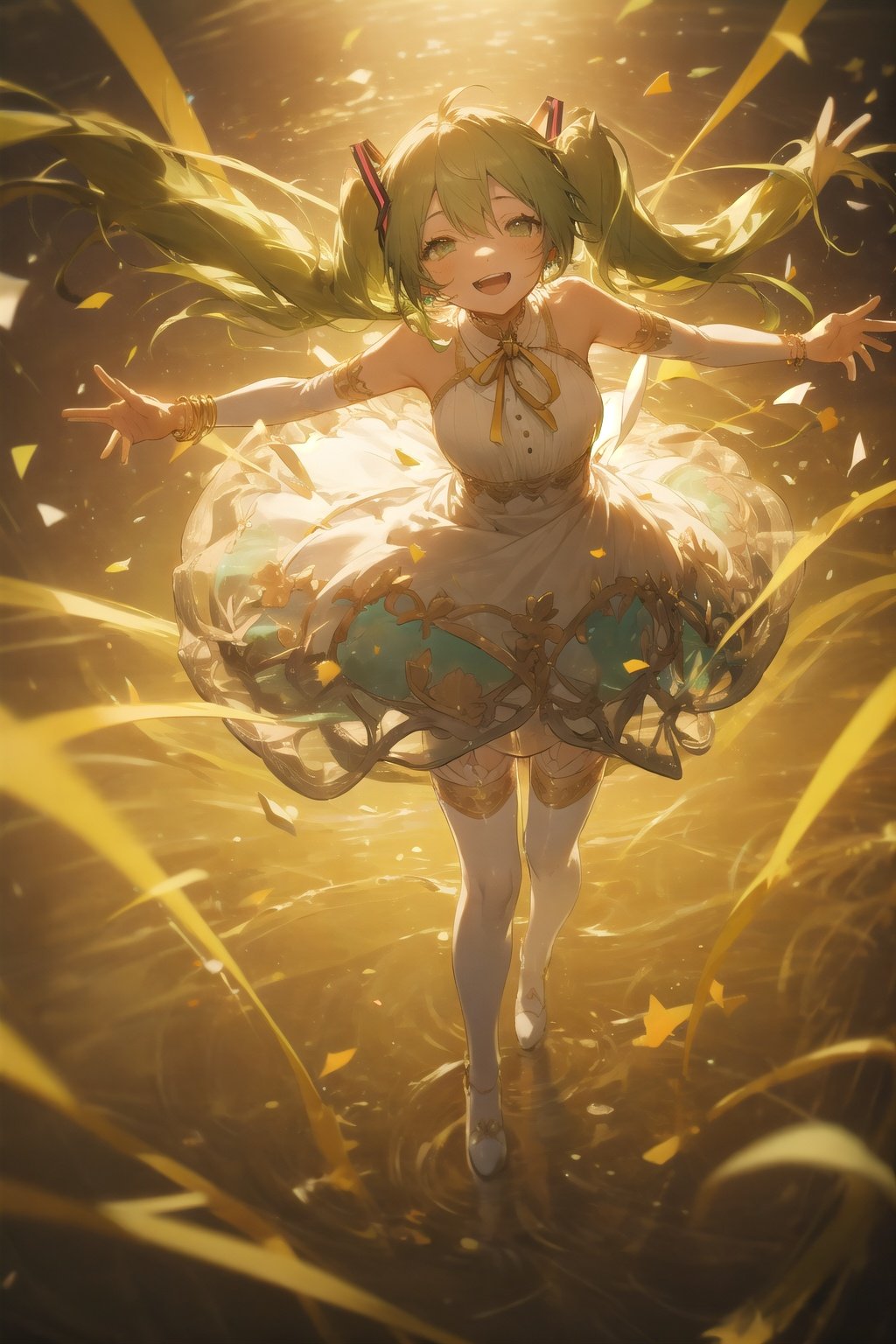 kahuka1, 1girl, strapless dress, hatsune miku, strapless, dress, solo, long hair, twintails, very long hair, see-through, white dress, from above, ribbon, see-through dress, open mouth, smile, bare shoulders, green hair, confetti, looking at viewer, jewelry, blurry, yellow ribbon, thighhighs, full body, green eyes, outstretched arms, white footwear, depth of field, gold trim, bangs, standing, neck ribbon, teeth, bracelet, looking up <lora:kahuka-pynoise:1>