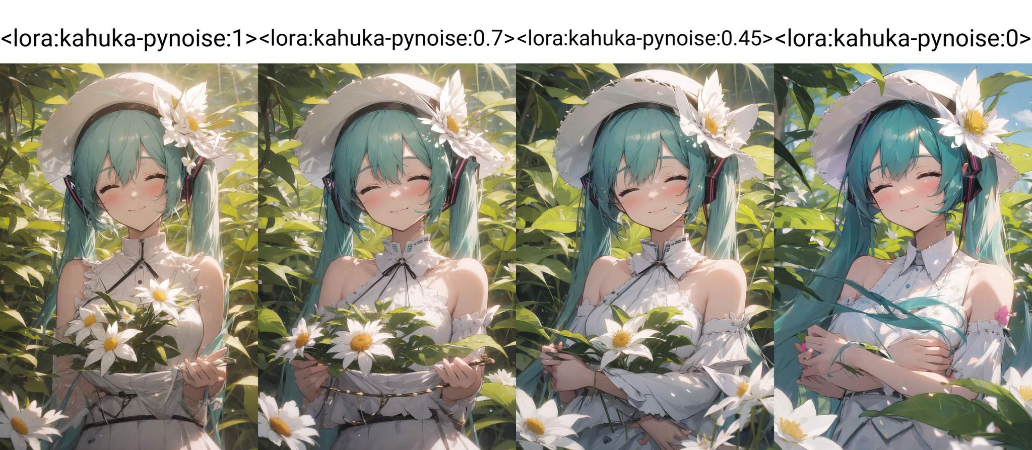 kahuka1, 1girl, solo, long hair, hatsune miku, dress, flower, hat, white dress, closed eyes, holding hat, holding, hat removed, smile, upper body, white flower, leaf, holding clothes, sun hat, headwear removed, bare shoulders, very long hair, aqua hair, twintails, closed mouth, facing viewer, bangs <lora:kahuka-pynoise:1>