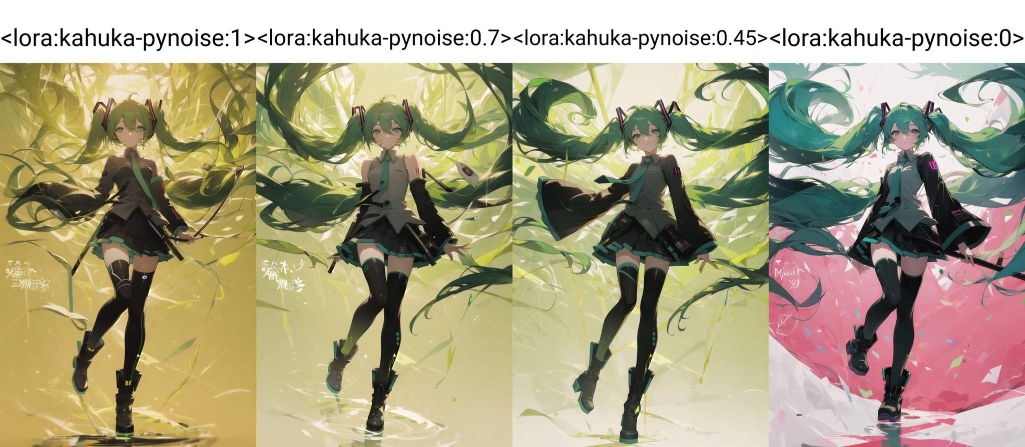 kahuka1, 1girl, solo, green eyes, long hair, twintails, thighhighs, green theme, glowing, hatsune miku, looking at viewer, bandages, hair between eyes, full body, green hair, very long hair, boots, long sleeves, black thighhighs, bangs, standing, floating hair <lora:kahuka-pynoise:1>