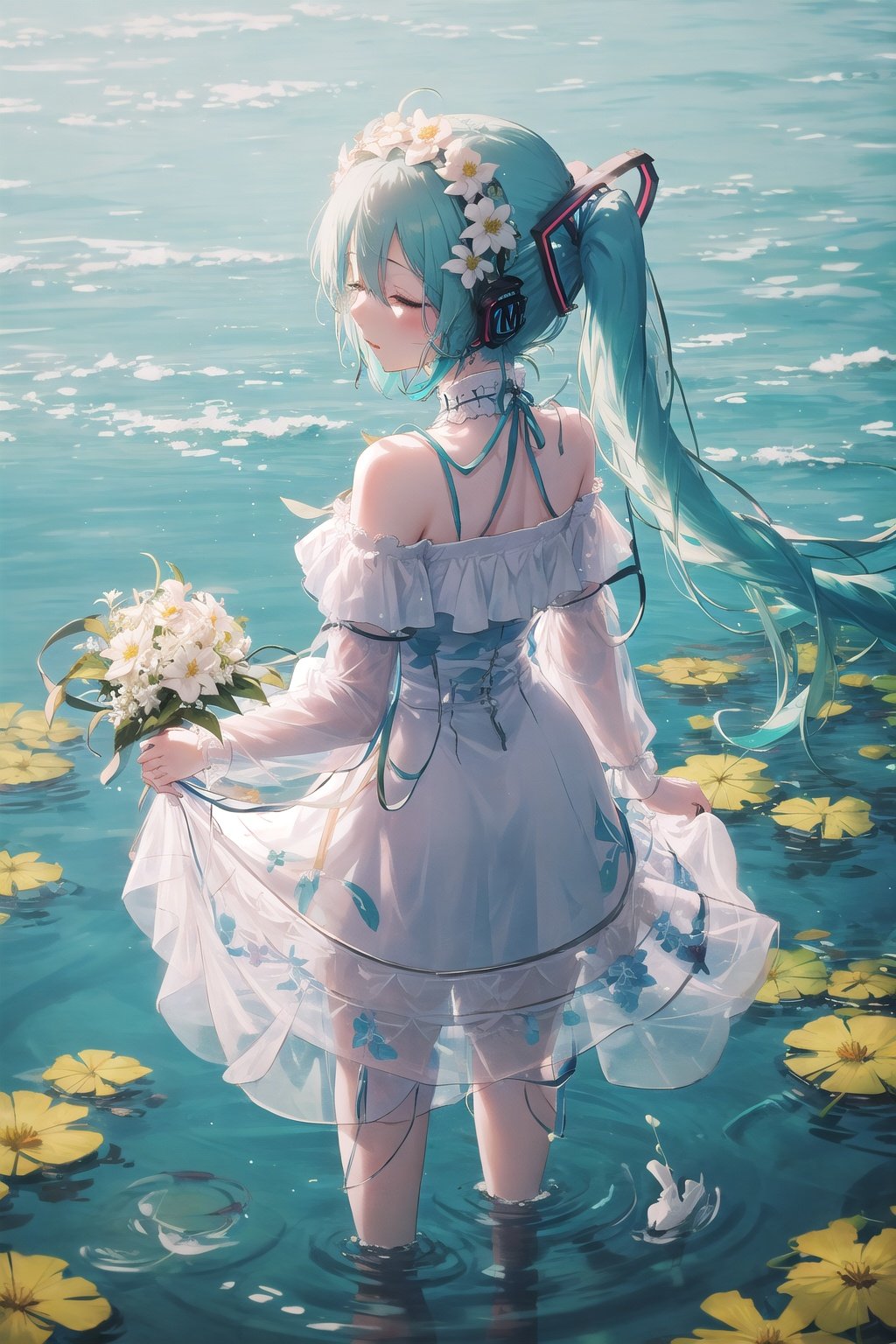 kahuka1, 1girl, hatsune miku, solo, dress, flower, long hair, white dress, twintails, very long hair, holding, white flower, water, wading, closed eyes, bare shoulders, off-shoulder dress, holding flower, off shoulder, aqua hair, standing, from behind, lily pad<lora:kahuka-pynoise:1>