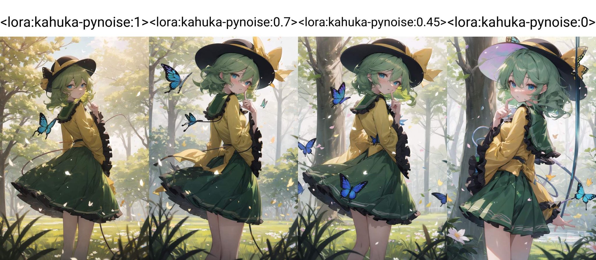 kahuka1, komeiji koishi, solo, bug, hat, butterfly, yellow shirt, green skirt, long sleeves, black headwear, looking at viewer, third eye, green hair, bow, shirt, looking back, skirt, hat bow, long hair, index finger raised, parted lips, yellow bow, finger to mouth, wide sleeves, bangs, frilled sleeves, outdoors, from behind, light rays, frills, flower, sunlight, grass, hand up, blue butterfly, green eyes, blue eyes, ribbon, frilled shirt collar, light particles, petals, hair between eyes, nature, medium hair, hat ribbon, standing, black bow, tree <lora:kahuka-pynoise:1>