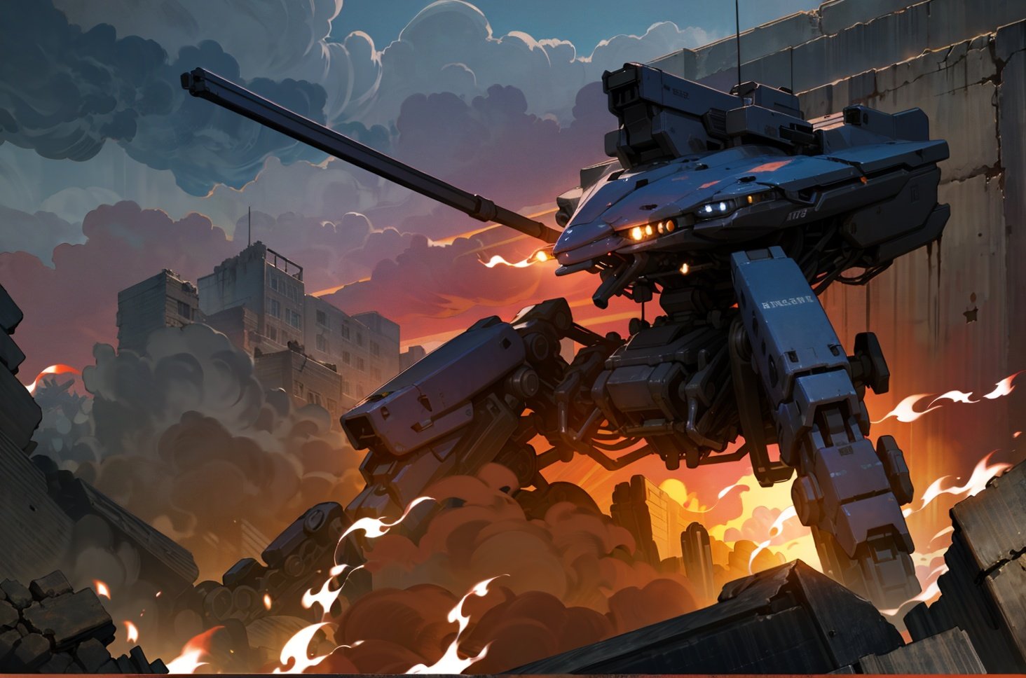 8k wallpaper, masterpiece,Cinematic Lighting, best quality,Illustration,detailed face depiction,dramatic angle,mecha \\\(flegs\\\), 1980s \(style\),broken,old,broken parts,dirty,dusk, robot, mecha, no humans, science fiction, (realistic:1.2), weapon,sunset,fire cloud,orange theme