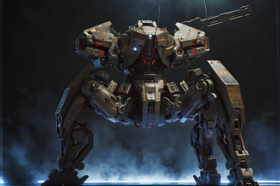 8k wallpaper, masterpiece,Cinematic Lighting, best quality,Illustration,detailed face depiction,dramatic angle,mecha \\\(flegs\\\), mecha,robot, weapon, gun, science fiction, holding, holding weapon, holding gun